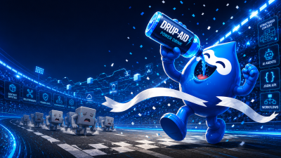 The Drup-AID mascot wins a race against legacy content management systems and chugs a Drup-AID power drink at the finish line